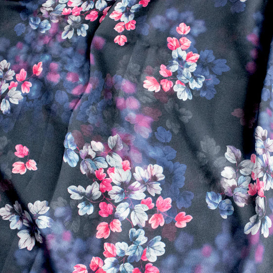 Pink And Gray Leaves With Blue Background Digital Printed Fabric - Organza