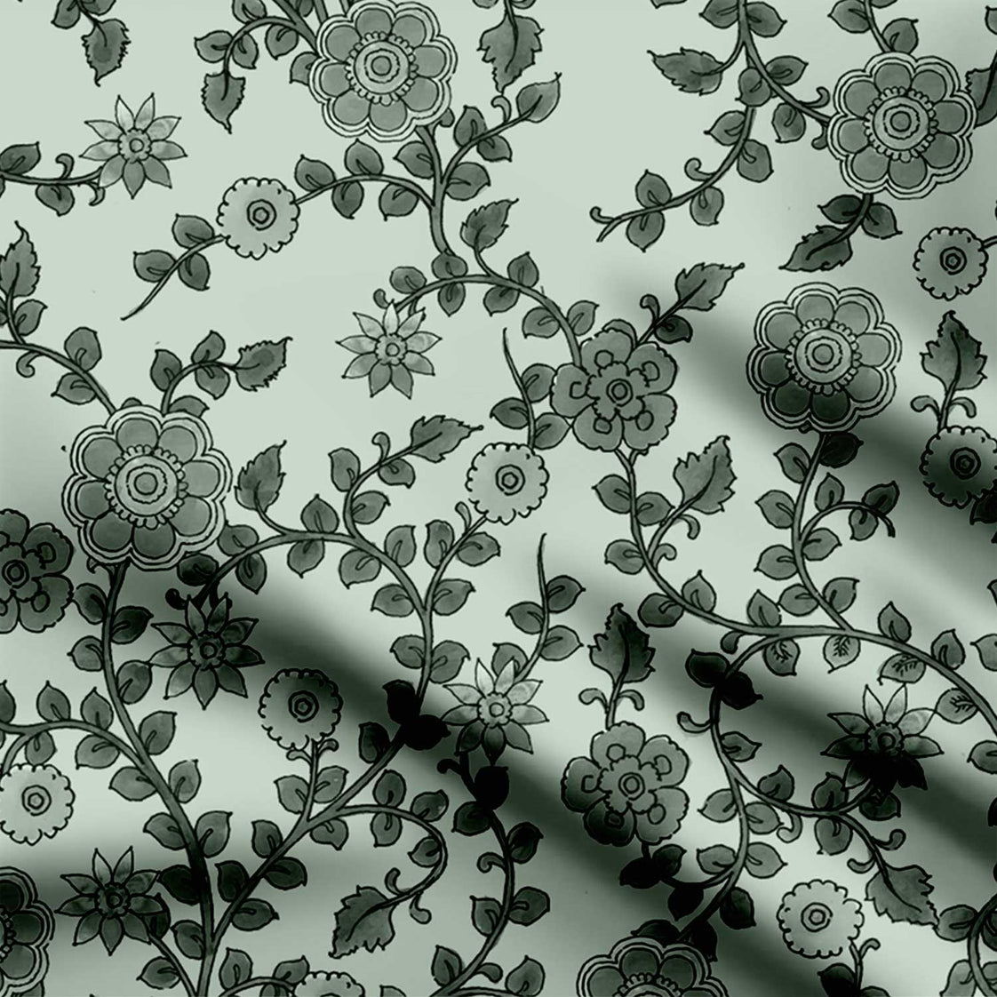 टील मैजिक पीकॉक कलमकारी प्रिंट फ़ैब्रिक