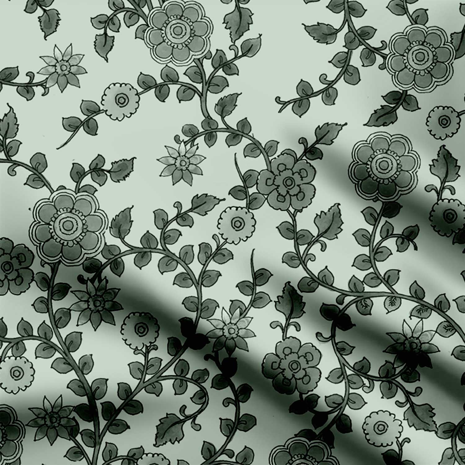 टील मैजिक पीकॉक कलमकारी प्रिंट फ़ैब्रिक