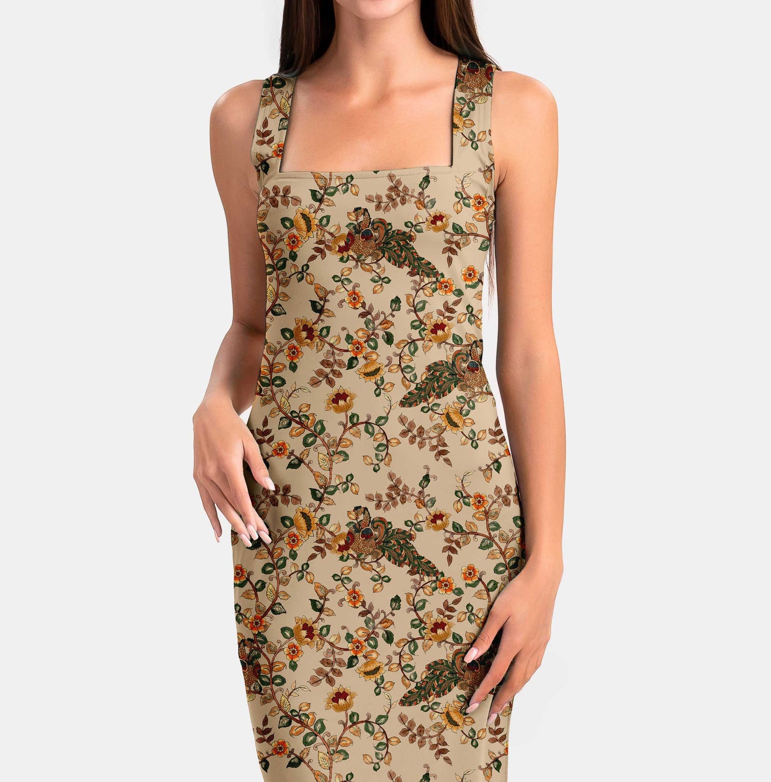 Coral Peacock Garden Print Fabric