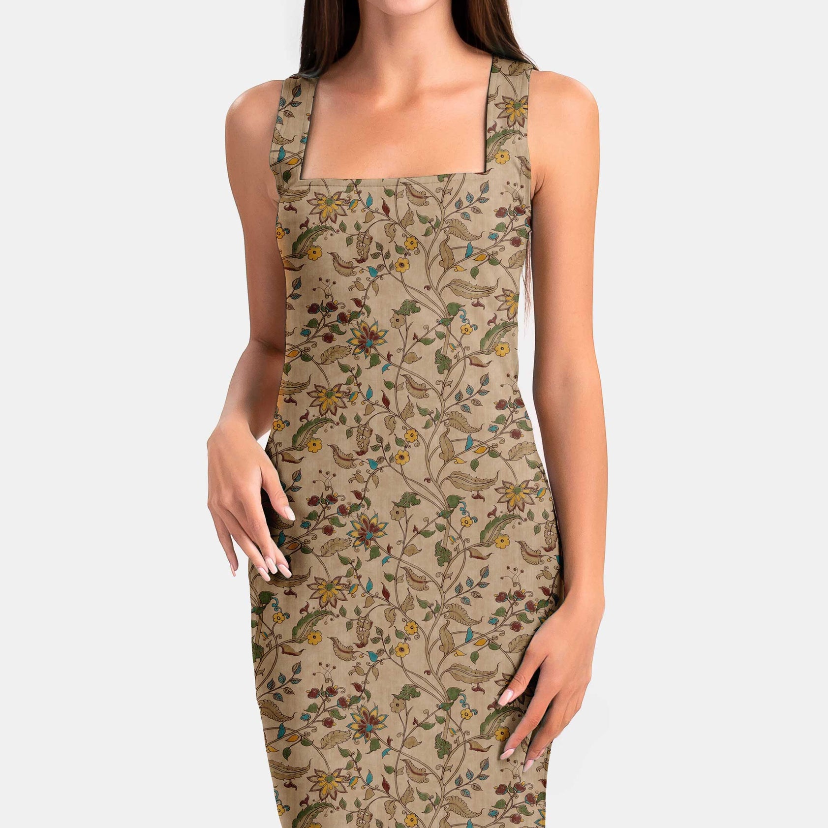 टील ब्रेज़ेन फ्लोरेट कलमकारी प्रिंट फैब्रिक