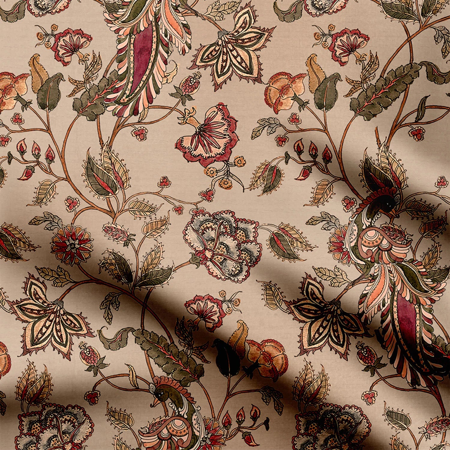 Peacock Serenity Kalamkari Print Fabric