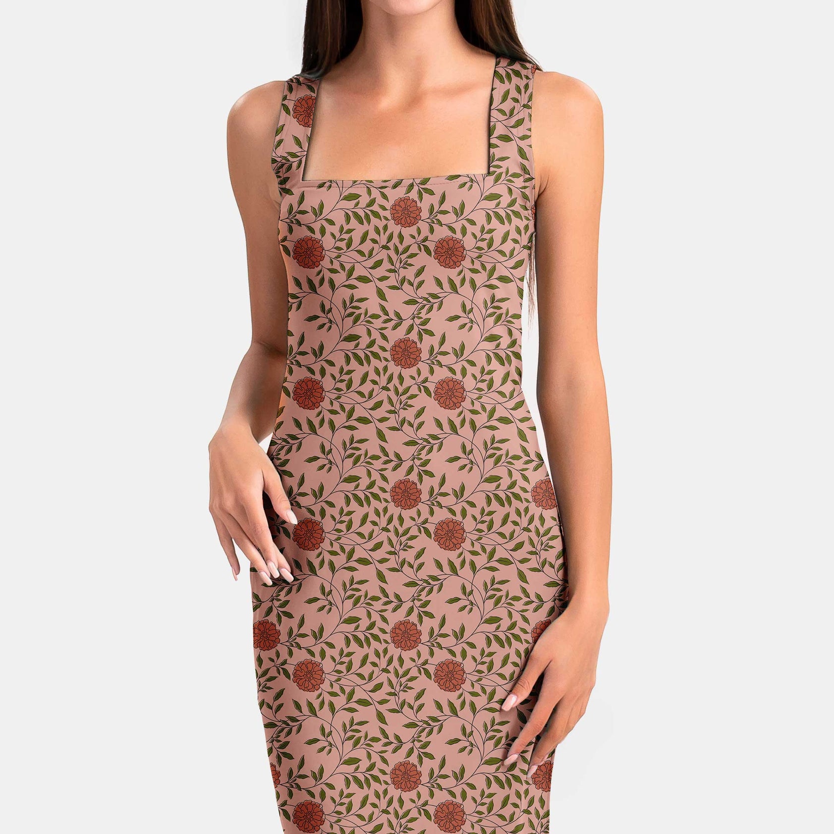 Marigolds in Sanganeri Block Printed Style - Coral Print Fabric