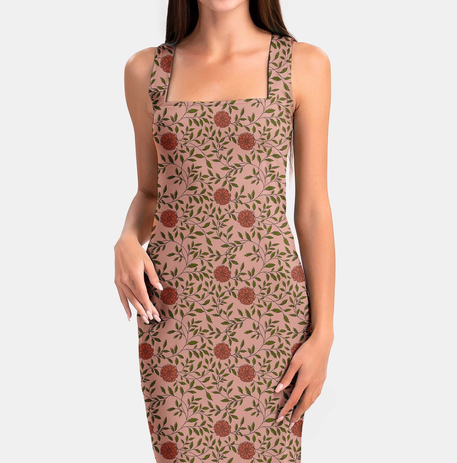 Marigolds in Sanganeri Block Printed Style - Coral Print Fabric