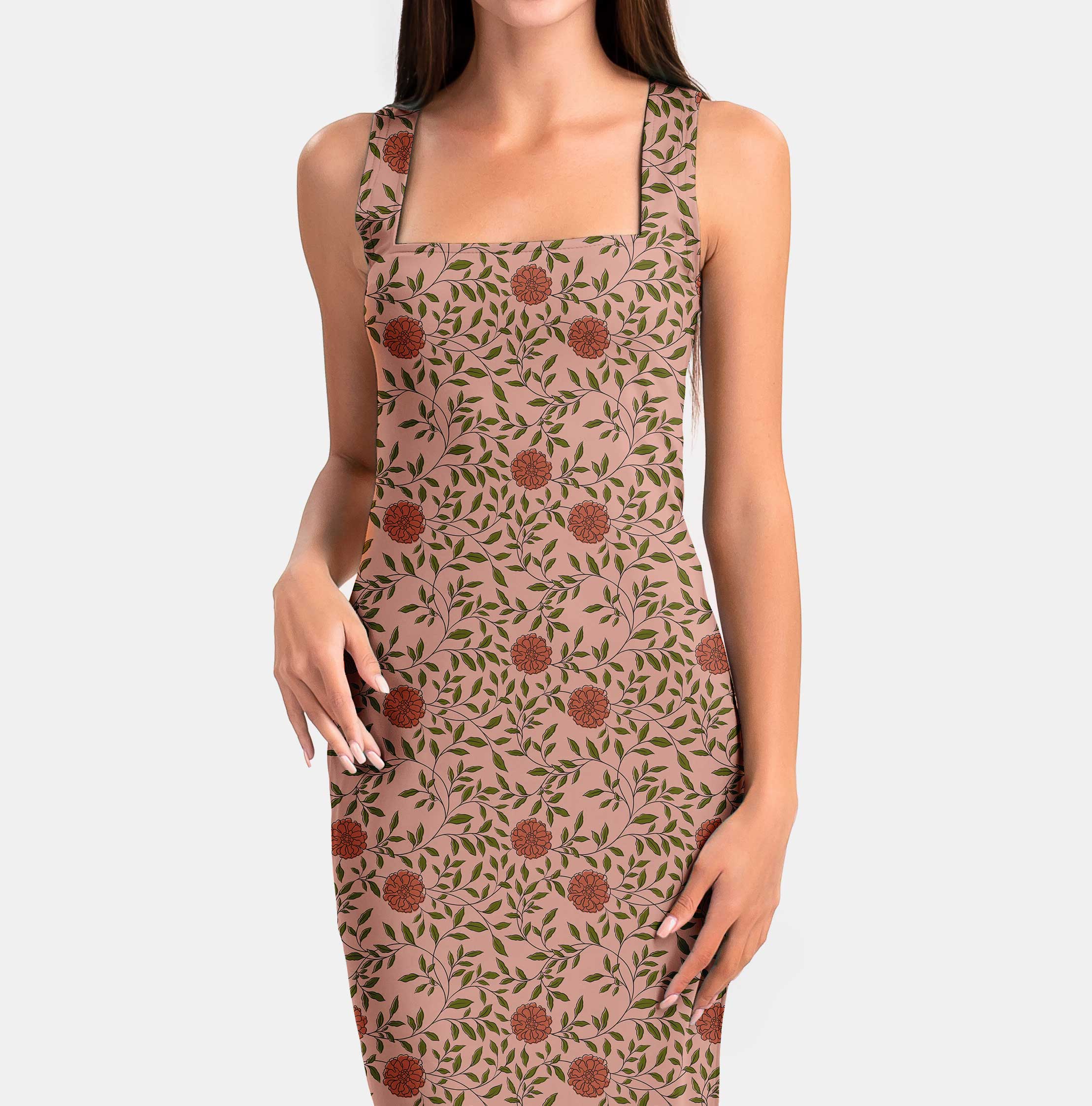 Marigolds in Sanganeri Block Printed Style - Coral Print Fabric