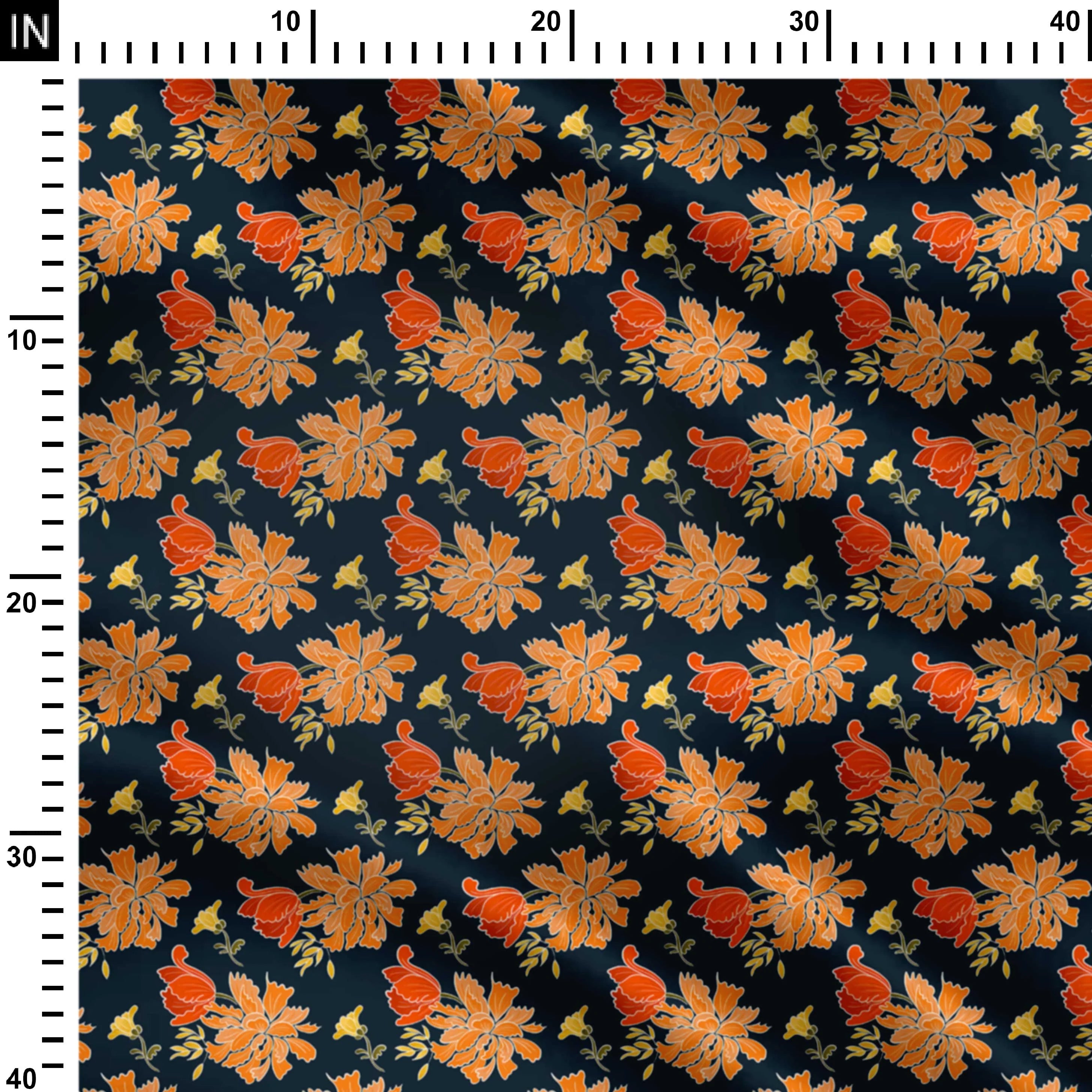 Cottage core flowers orange and navy Print Fabric