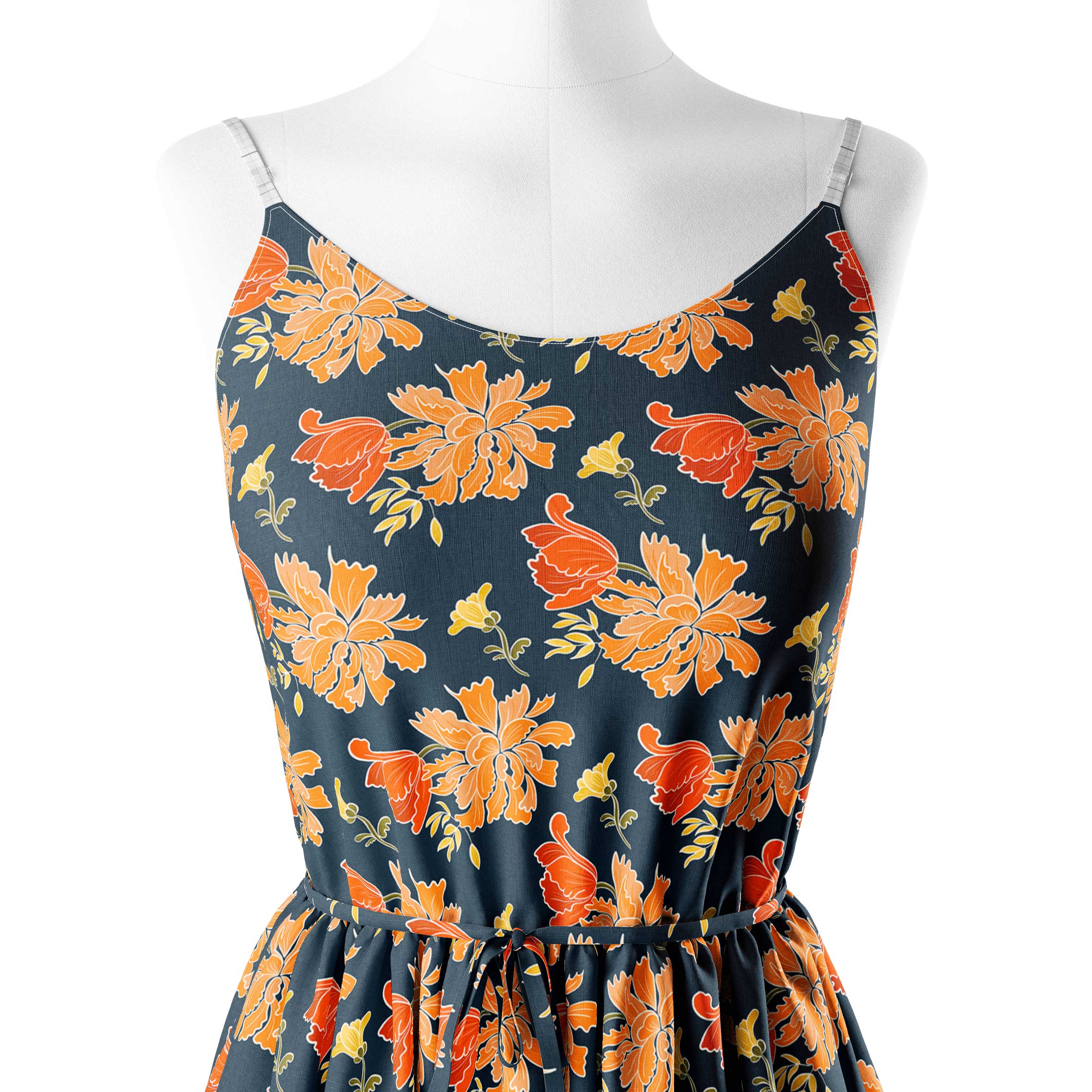 Cottage core flowers orange and navy Print Fabric