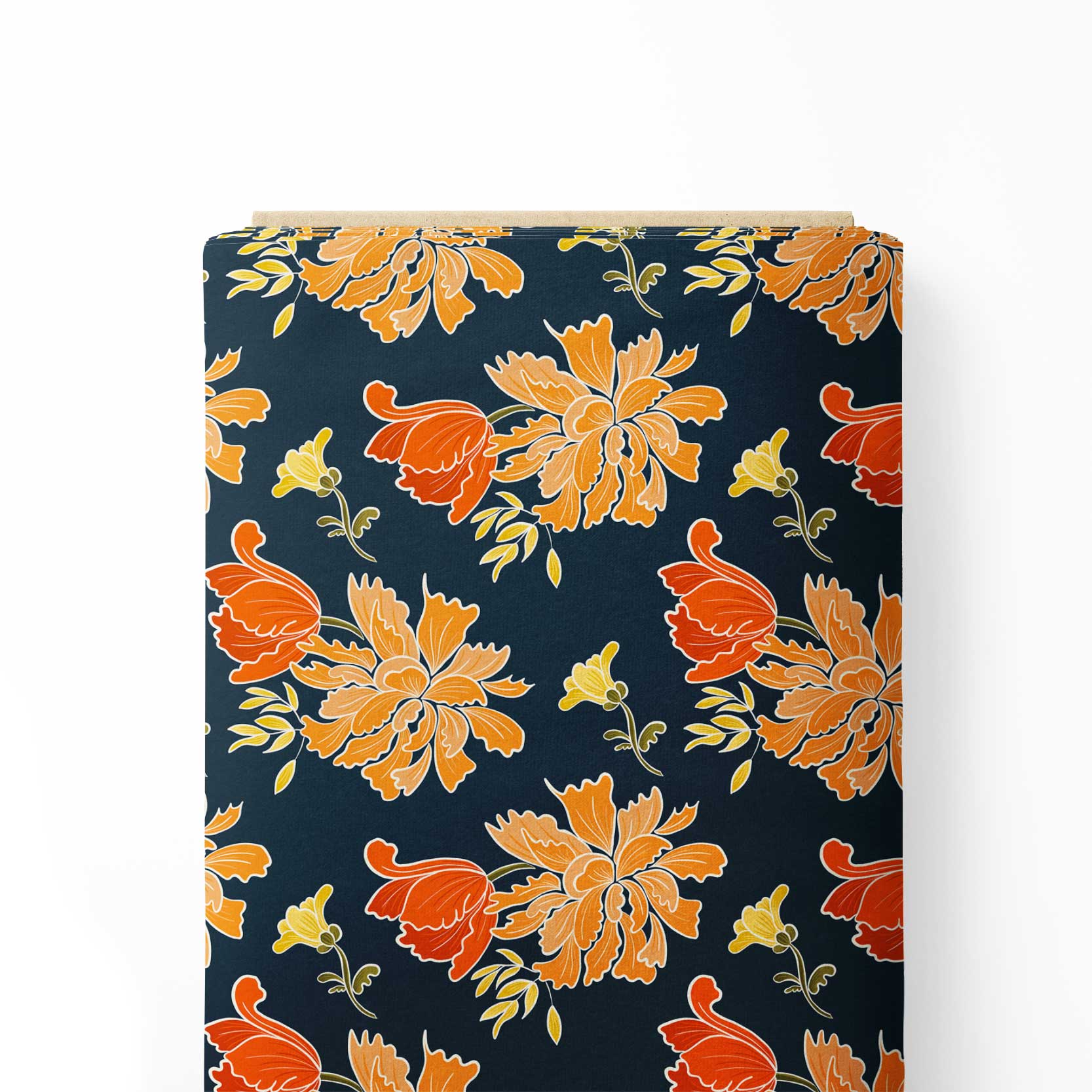 Cottage core flowers orange and navy Print Fabric
