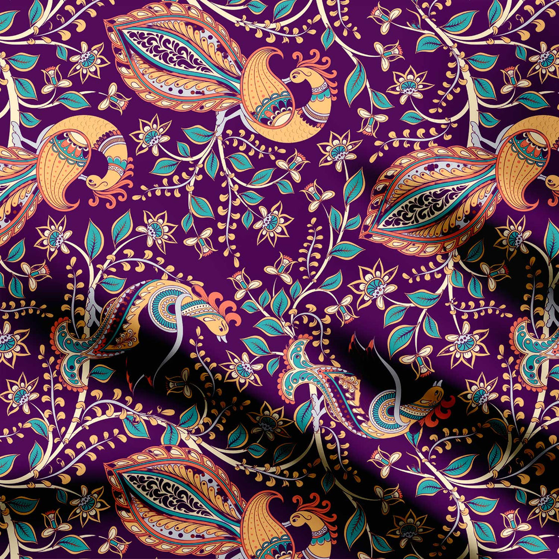 Մանուշակագույն սիրամարգը ծաղկում է kalamkari Print Fabric