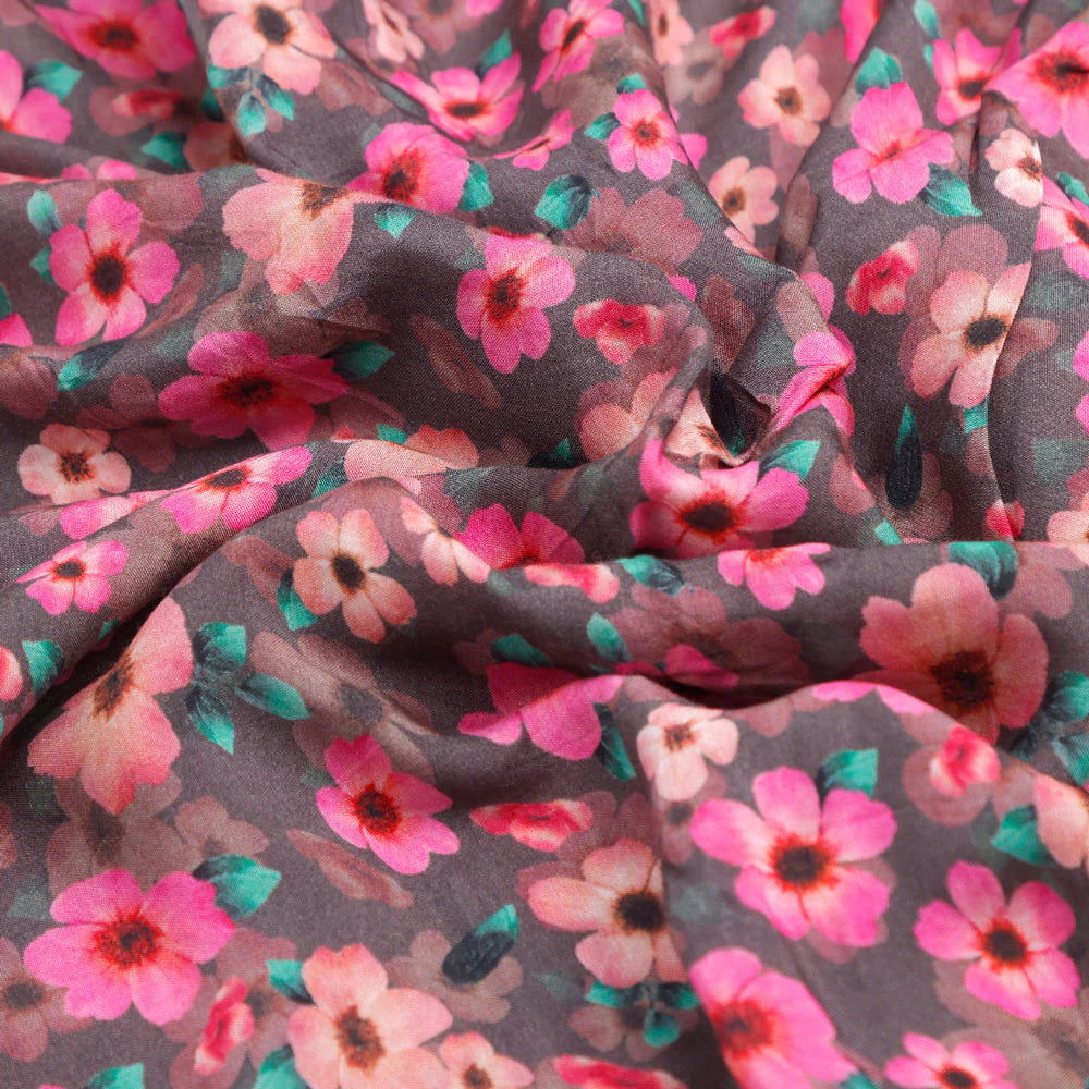 Classy Pink and Gray Floral Pure Muslin Digital Printed Fabric