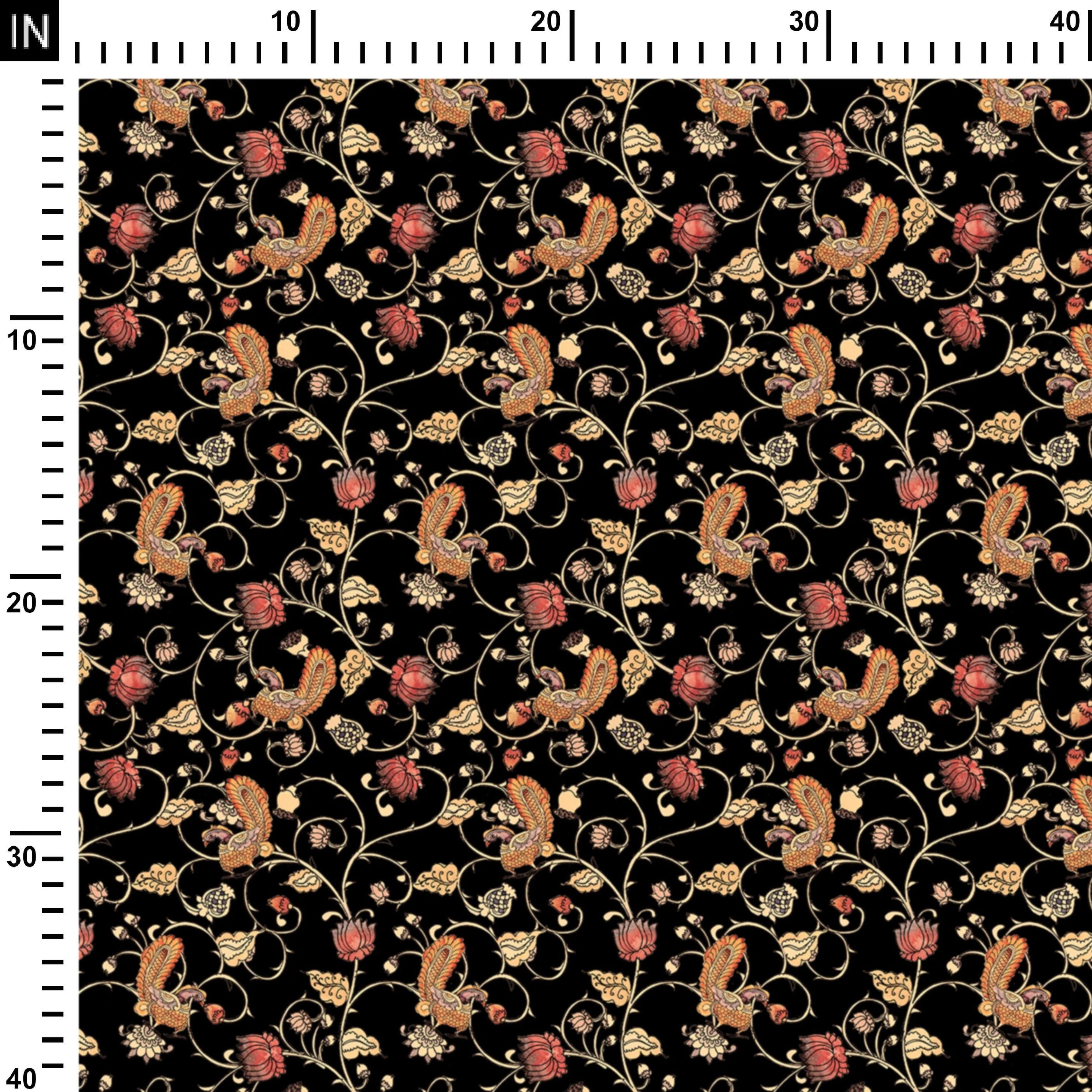 Indian floral Passion and peacock dark Print Fabric