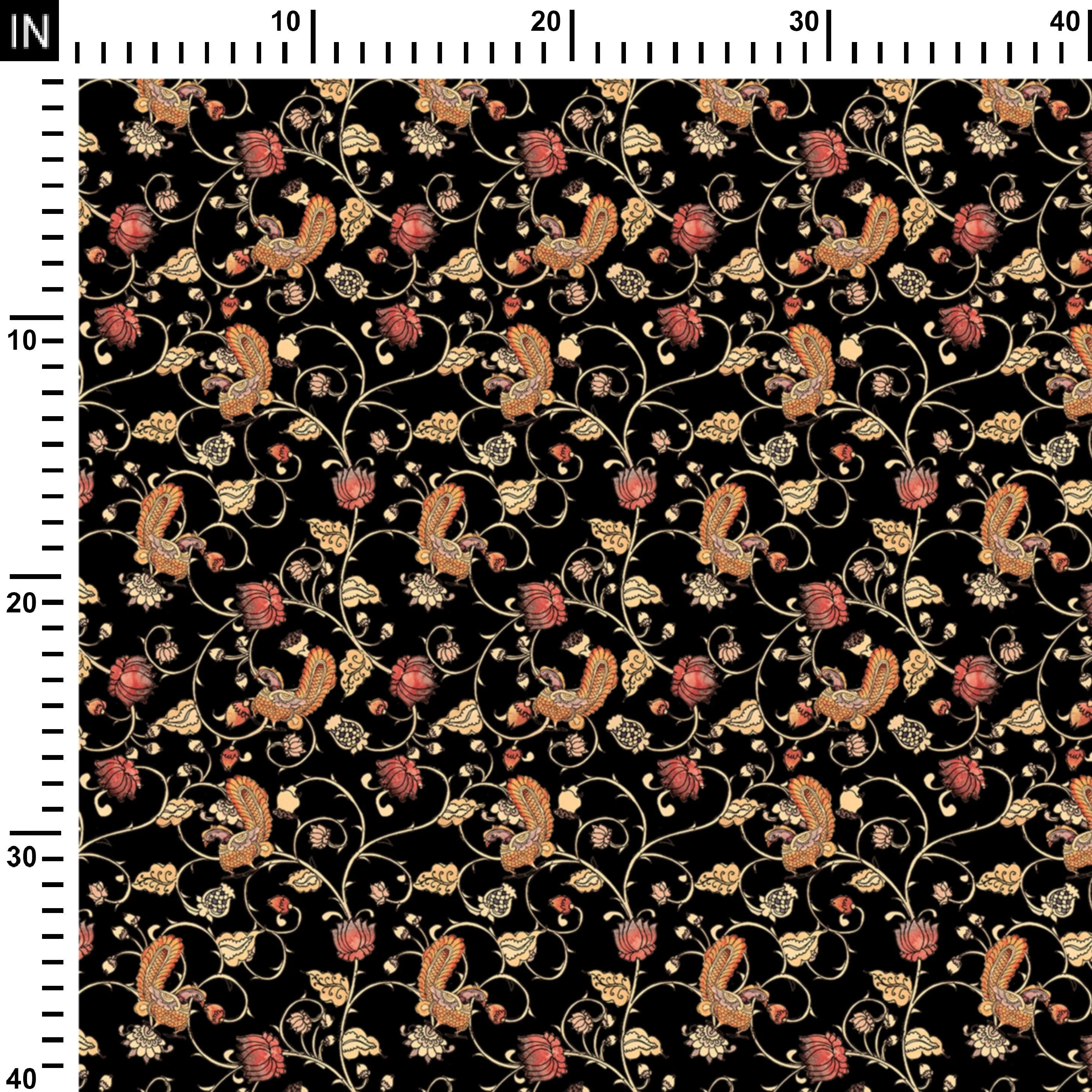 Indian floral Passion and peacock dark Print Fabric