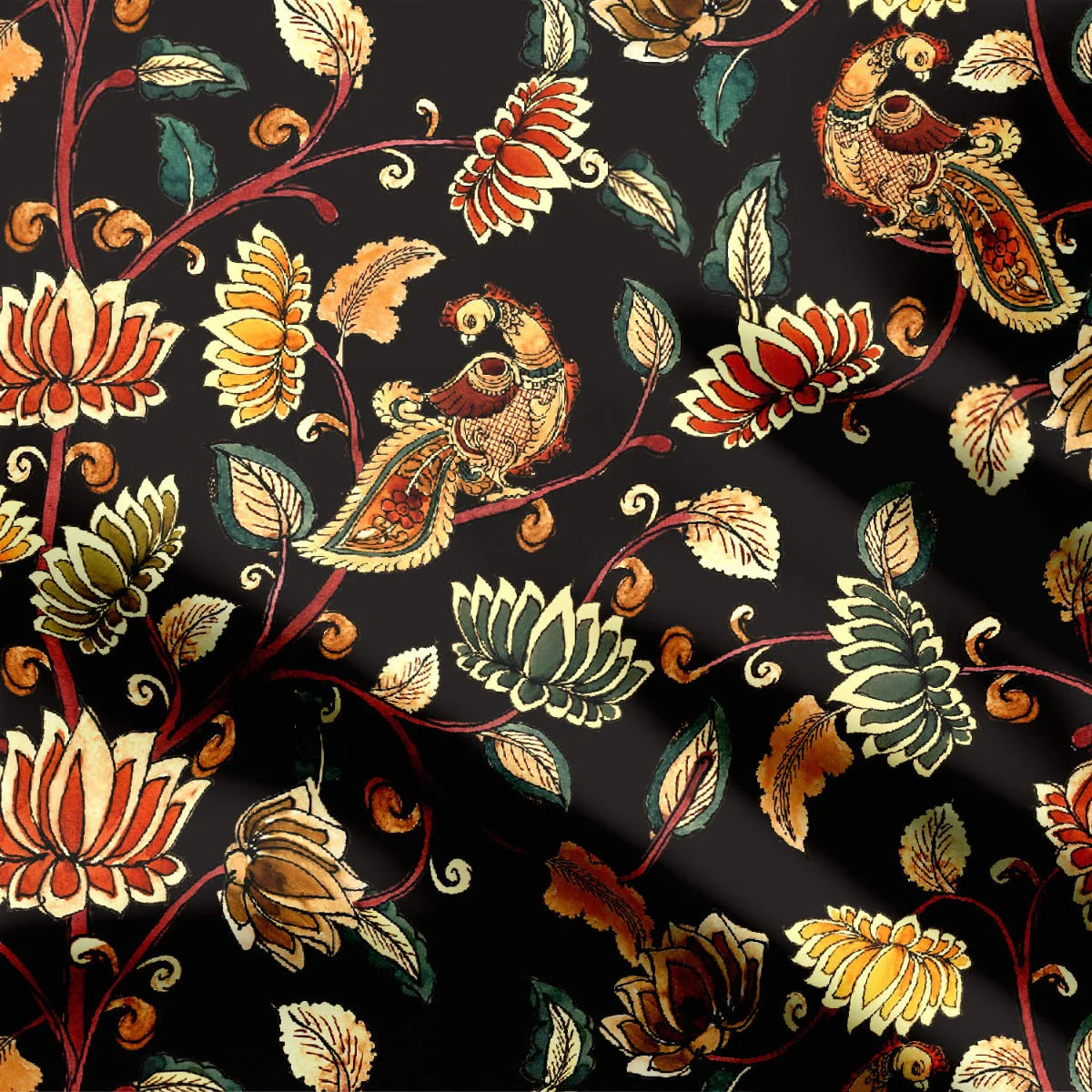 Indian floral Passion and peacock dark Print Fabric