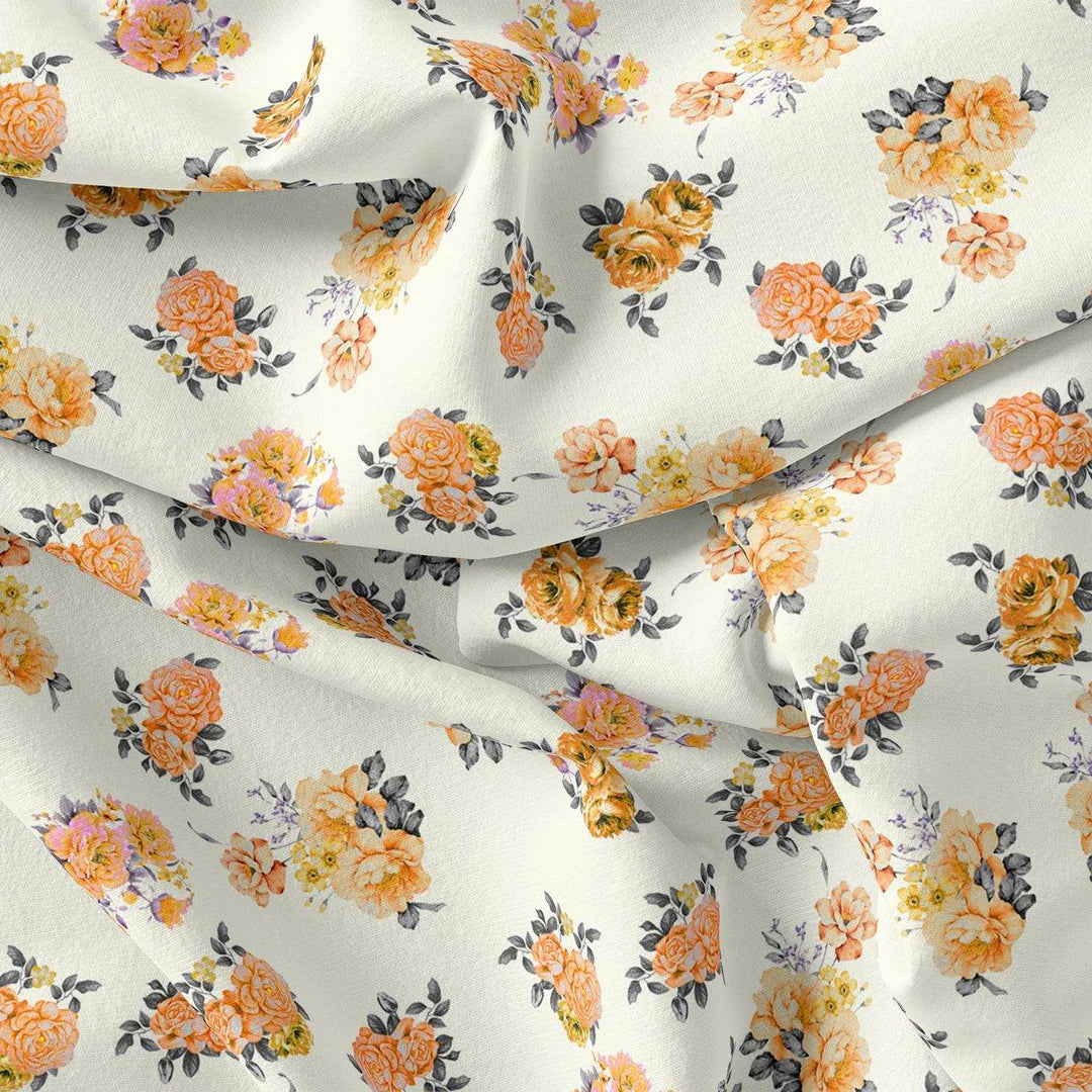 Yellow Lonicera Grey Leafs Digital Printed Fabric - Upada Silk