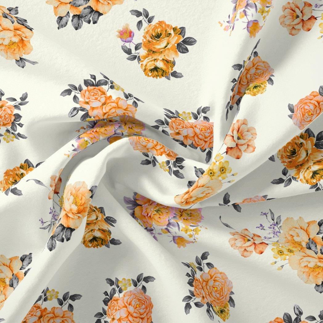 Yellow Lonicera Grey Leafs Digital Printed Fabric - Upada Silk