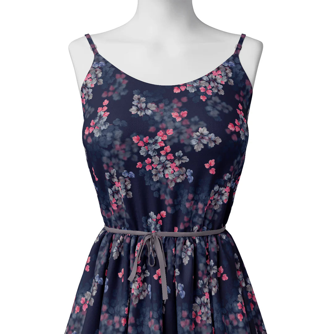 Pink And Gray Leaves With Blue Background Digital Printed Fabric - Organza