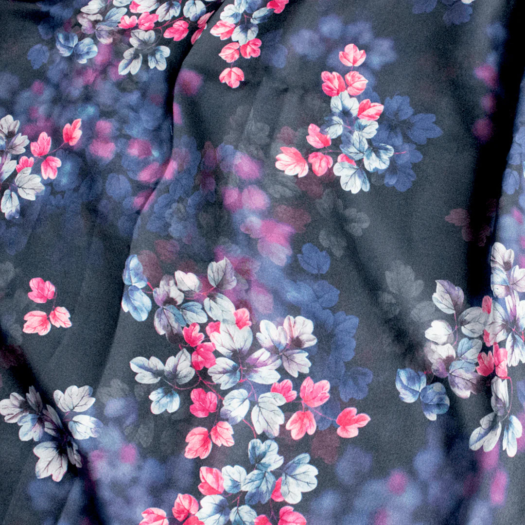 Pink And Gray Leaves With Blue Background Digital Printed Fabric - Organza