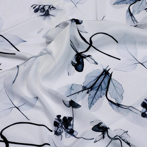 Black Floating Flowers Digital Printed Fabric - Crepe