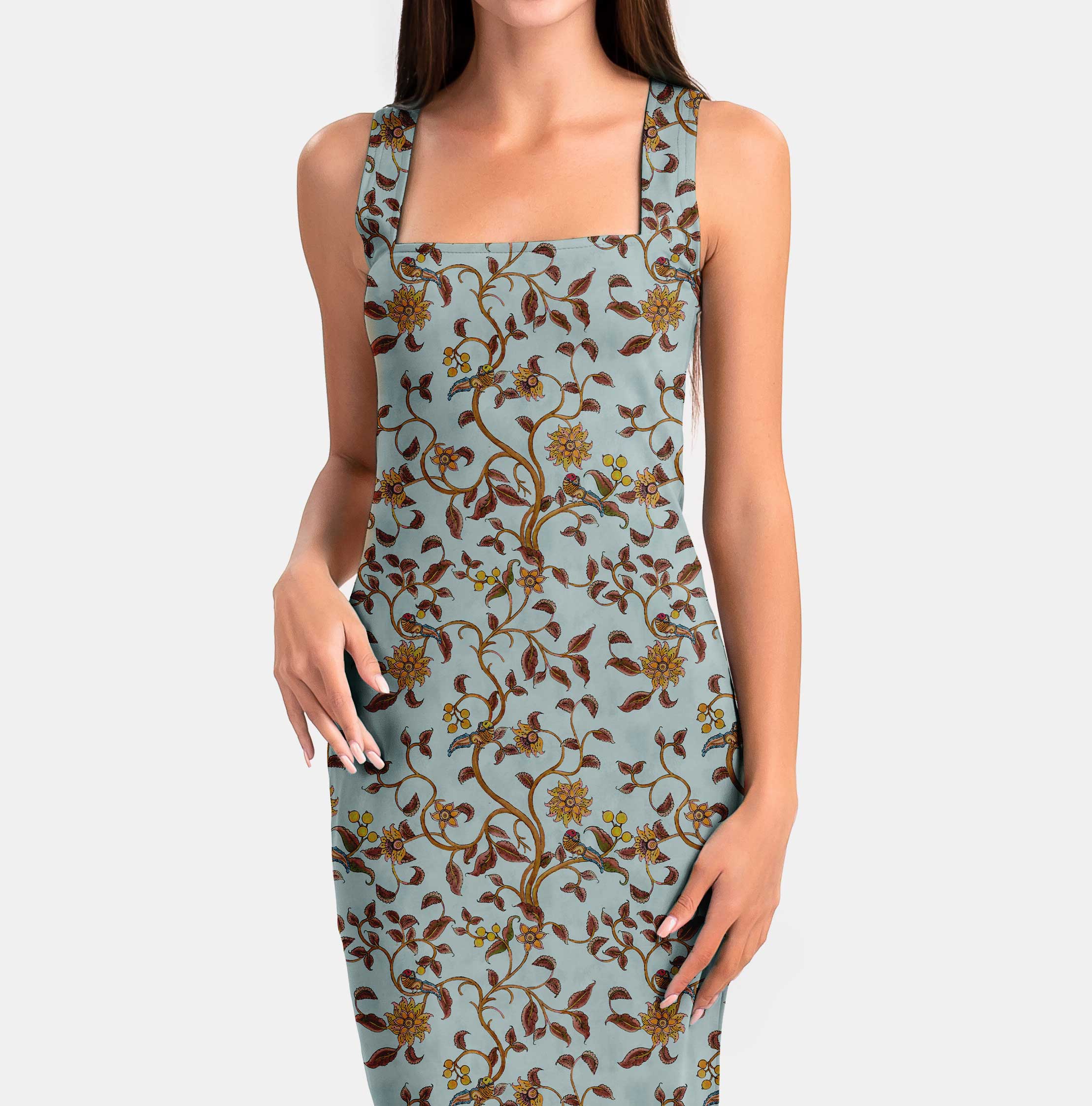 Azure Flora Kalamkari Print Fabric