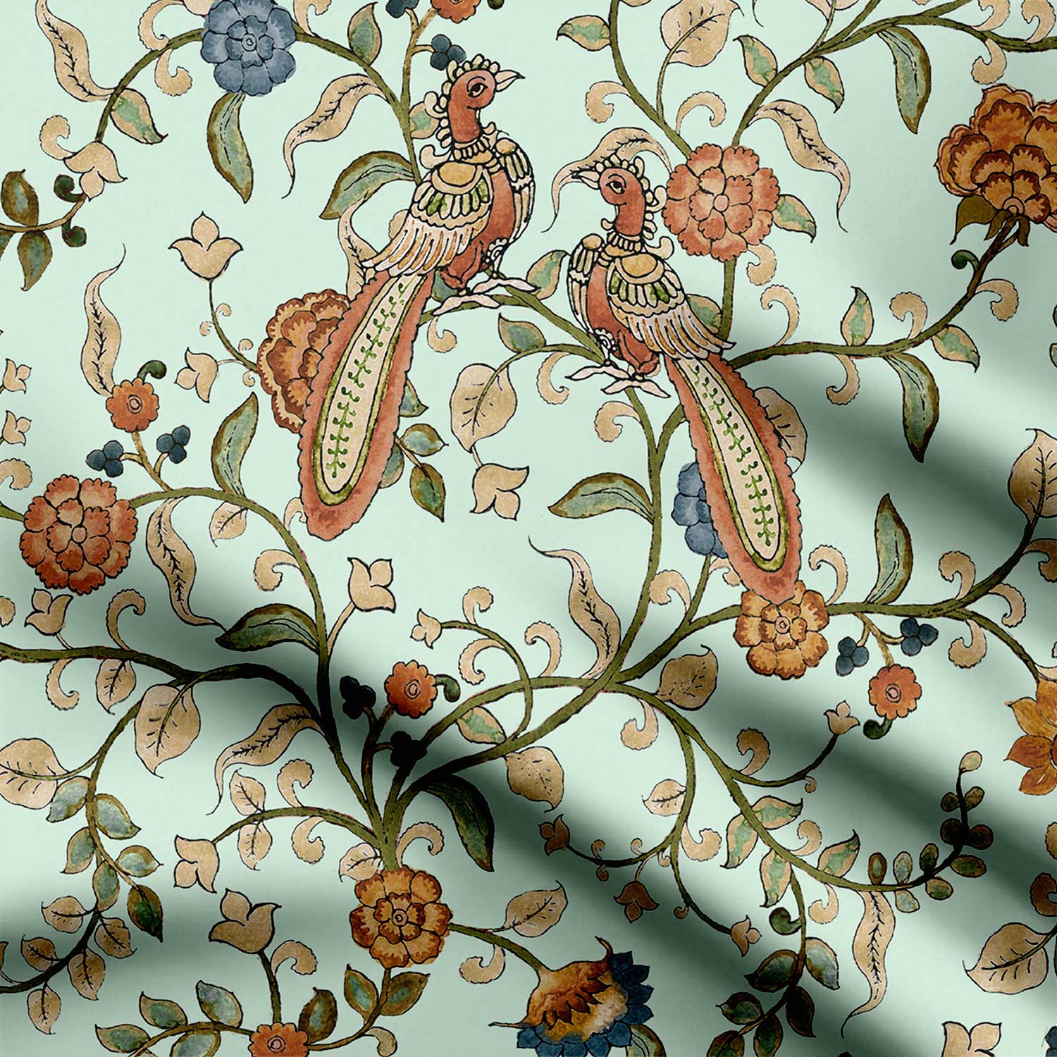 Peacock Paradise Kalamkari Print Fabric
