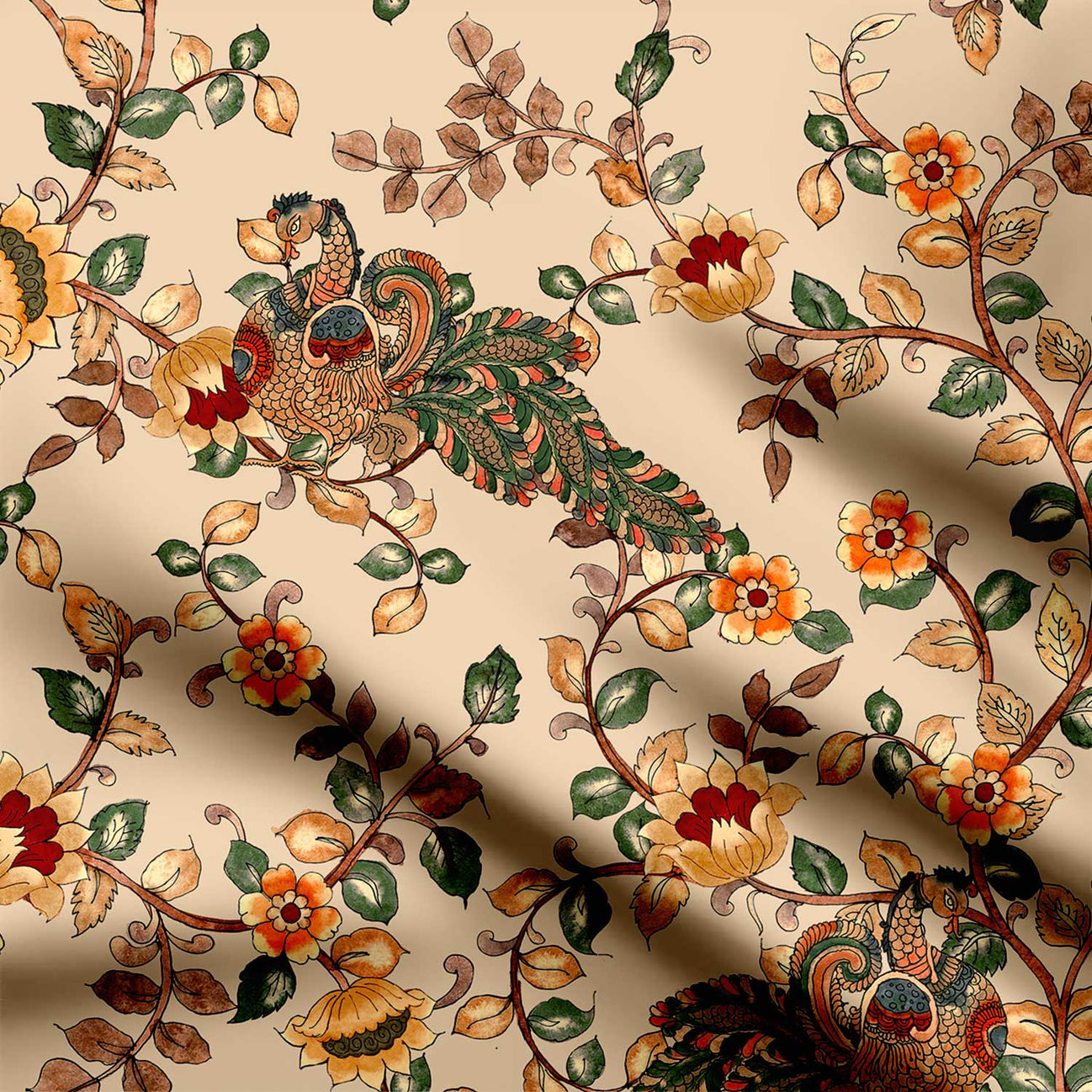 Coral Peacock Garden Print Fabric