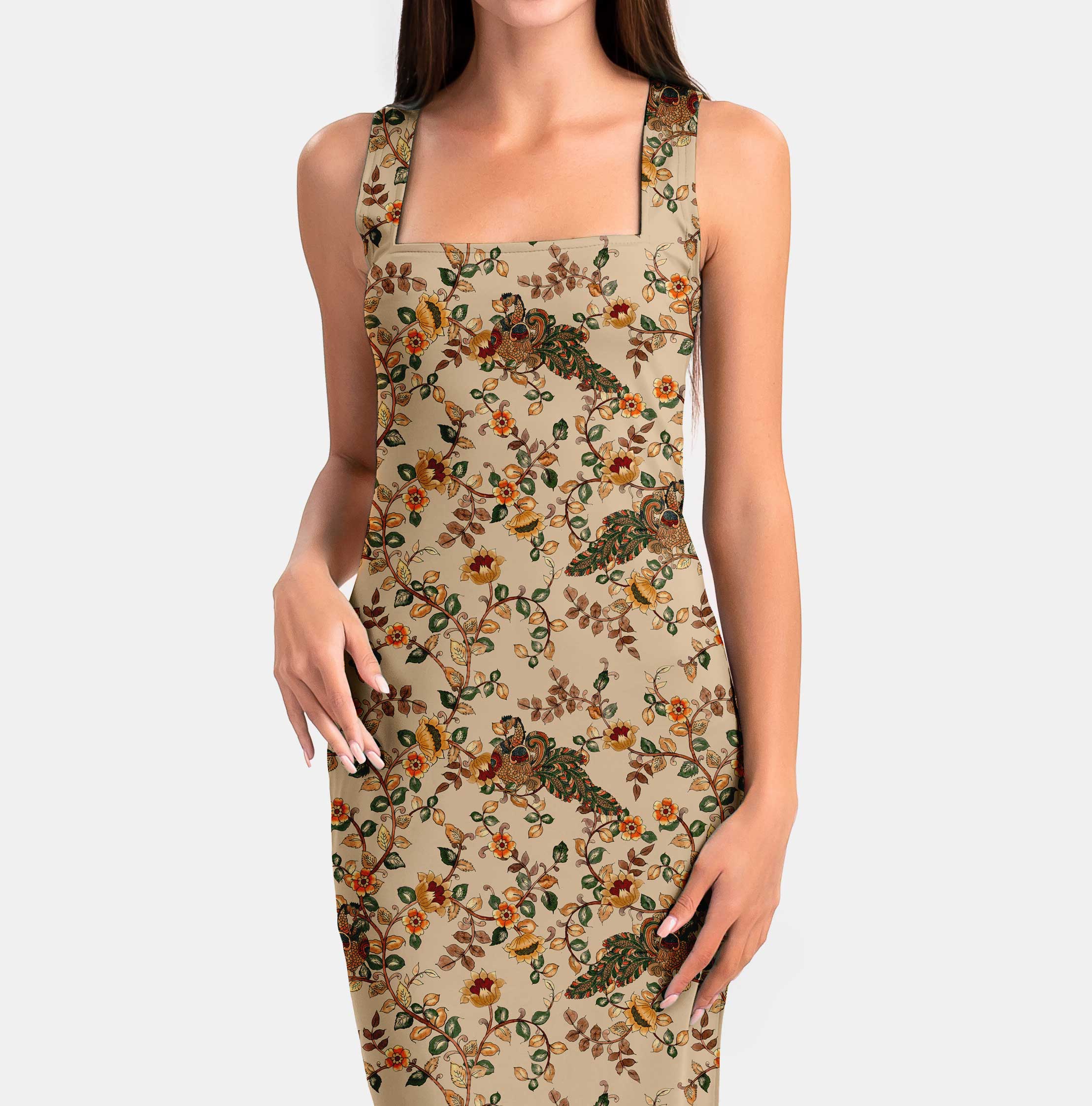 Coral Peacock Garden Print Fabric