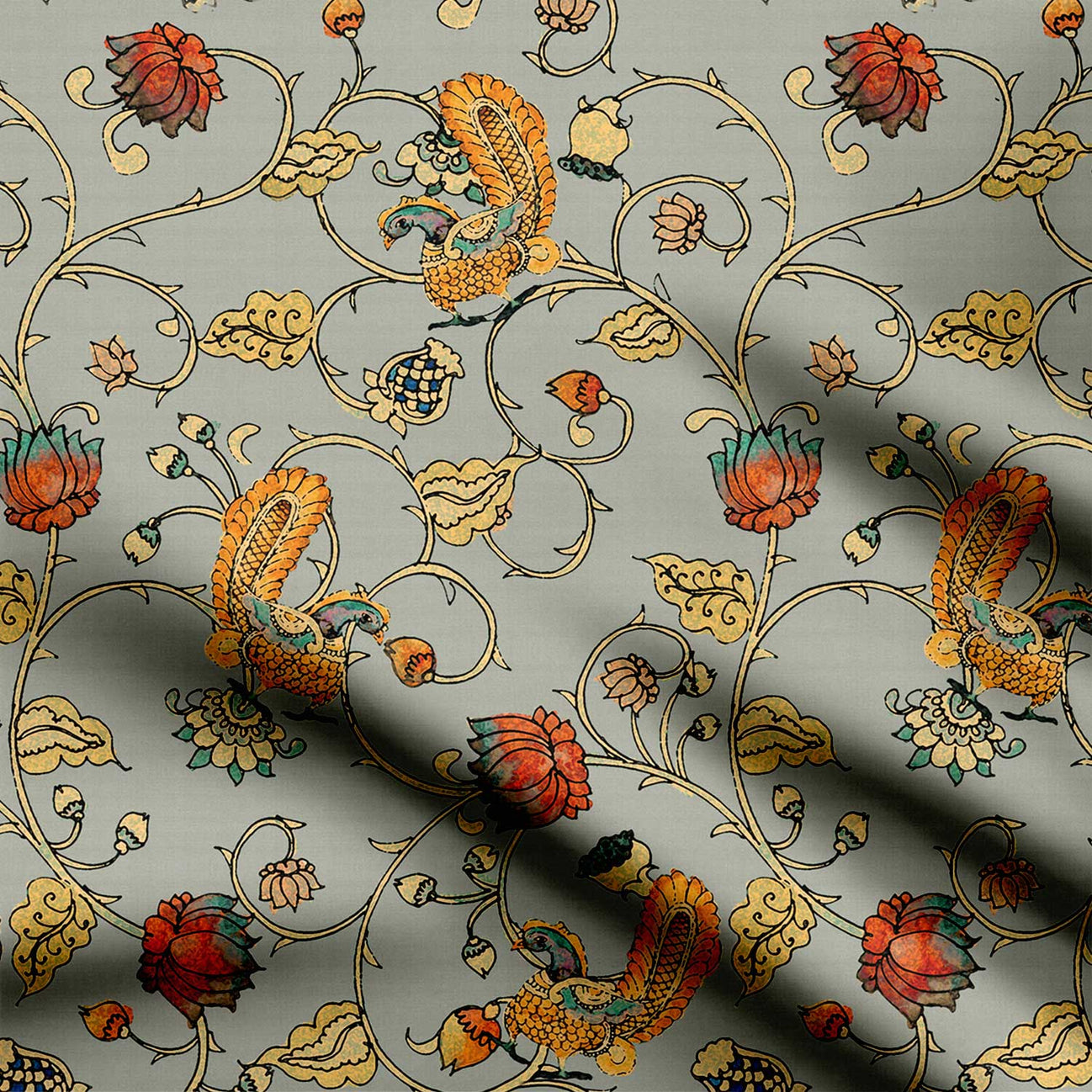 Peacock &amp; Lotus Harmony Print Fabric