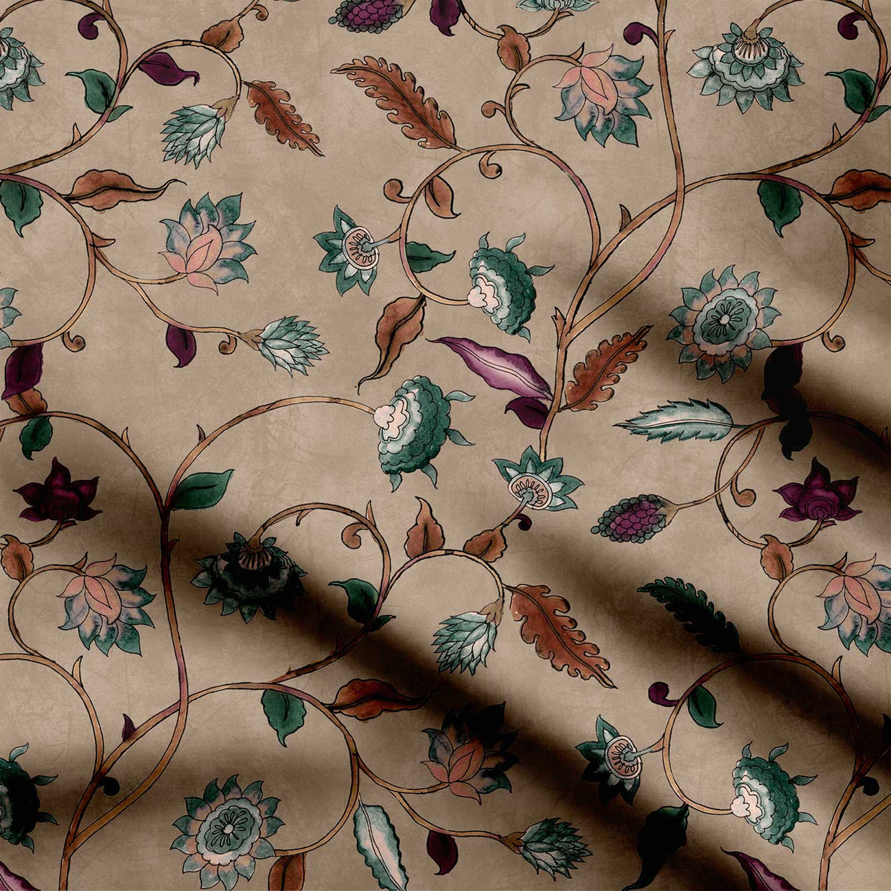 Brown Verdant Tendrils Kalamkari Print Fabric