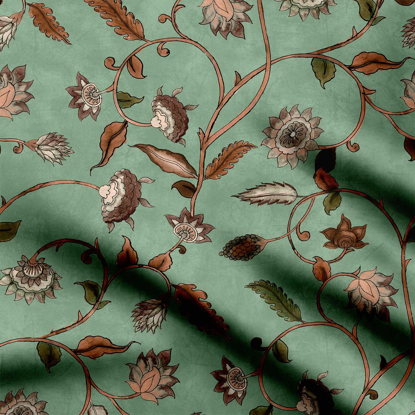 Green Verdant Tendrils Kalamkari Print Fabric