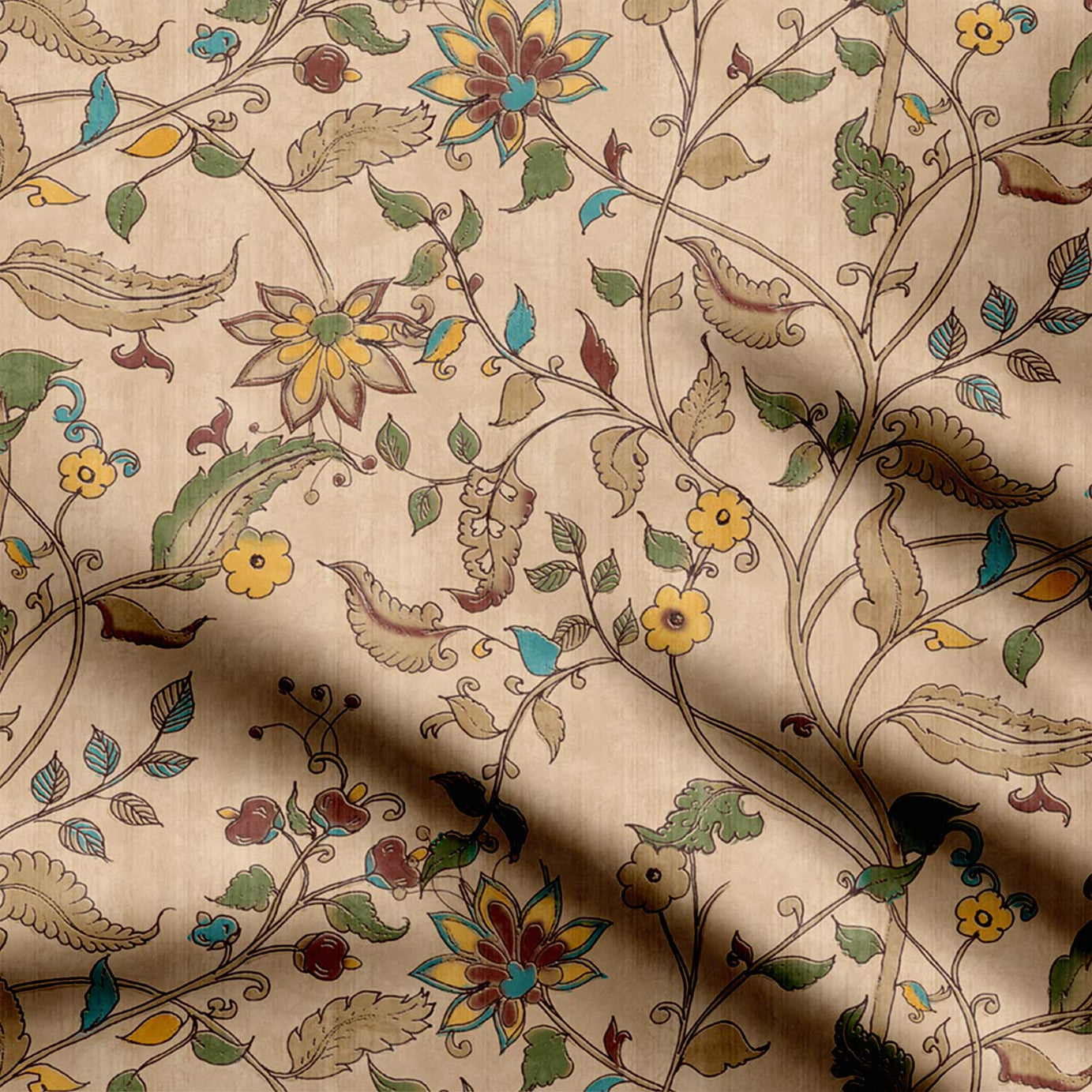 Teal Brazen Floret Kalamkari Print Fabric