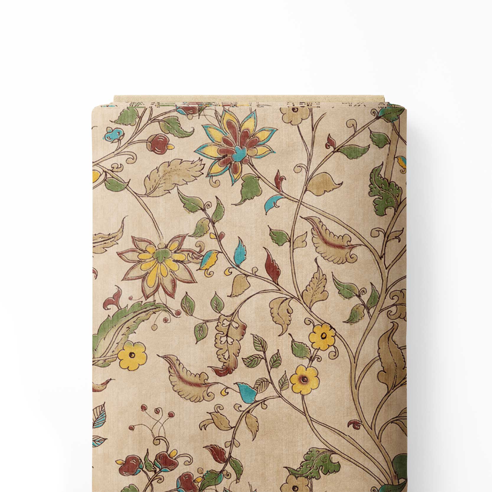 टील ब्रेज़ेन फ्लोरेट कलमकारी प्रिंट फैब्रिक