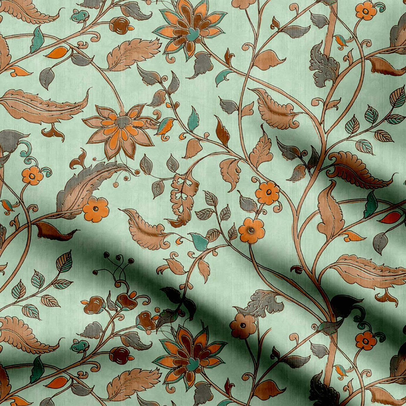 Green Brazen Floret Kalamkari Print Fabric