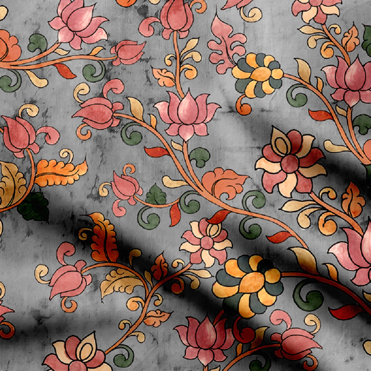 Lotus Grey Kalamkari Print Fabric