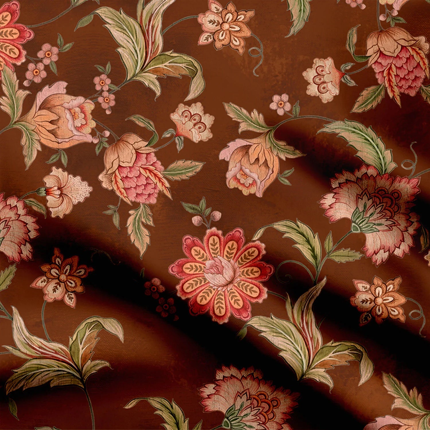 Chintz Gardens Brown Kalamkari Print Fabric