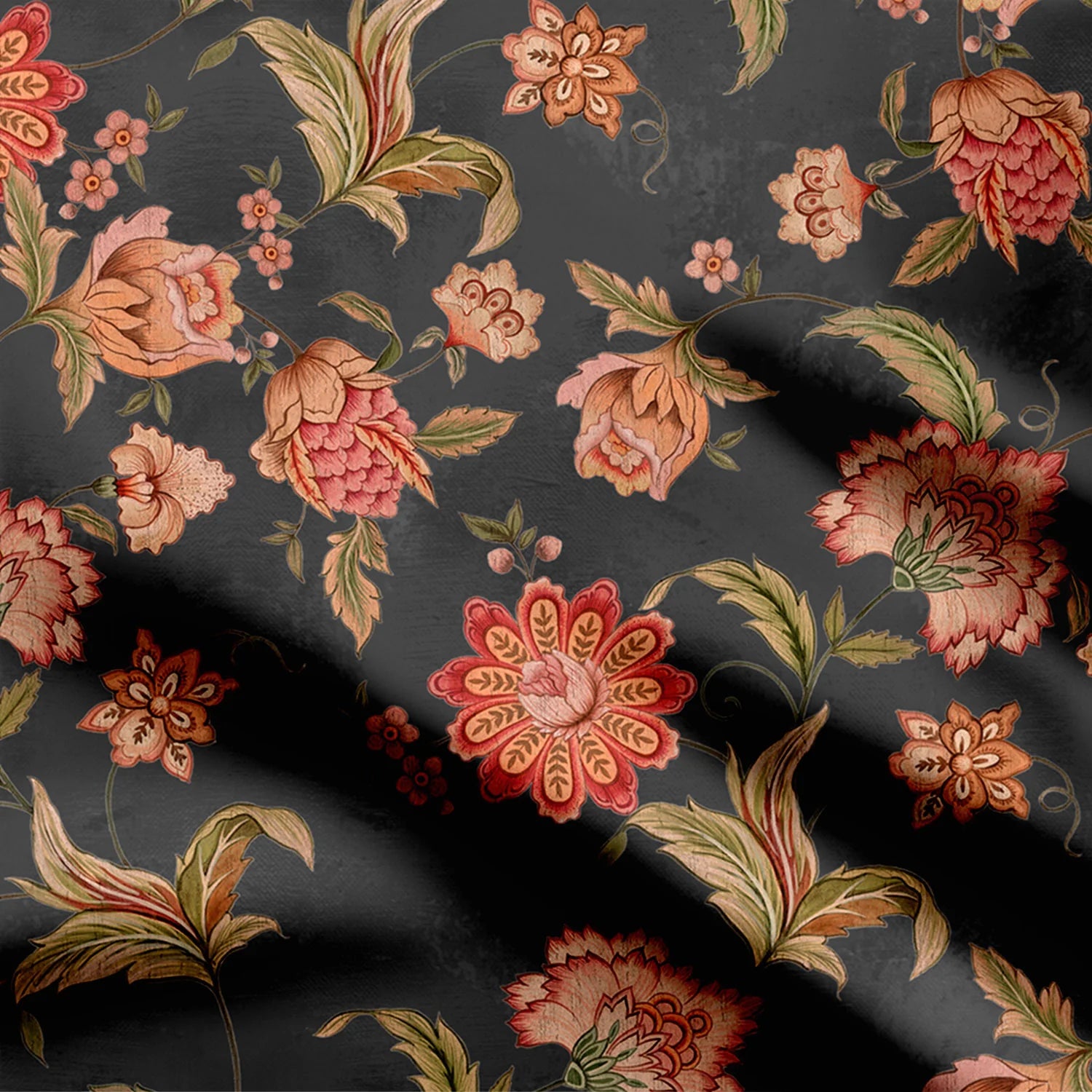 Chintz Gardens Grey Kalamkari Print Fabric