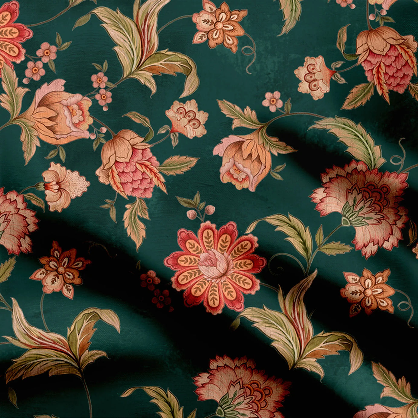 Chintz Gardens Green Kalamkari Print Fabric