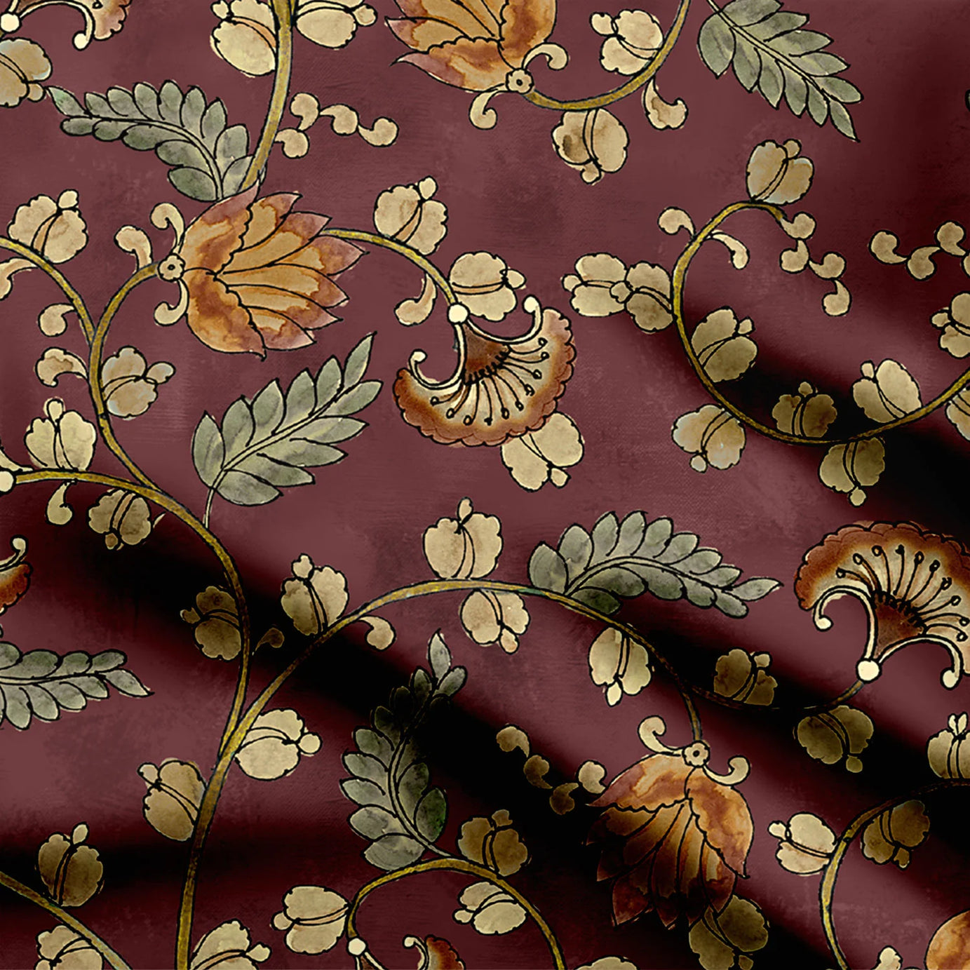 Maroon Chintz Kalamkari Print Fabric