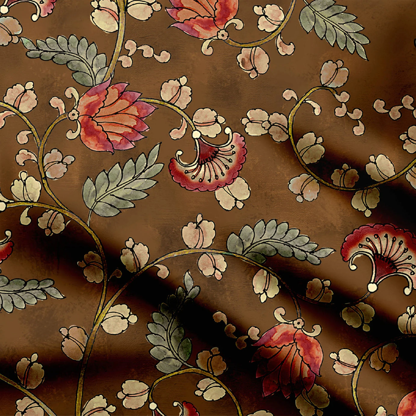 Brown Chintz Kalamkari Print Fabric