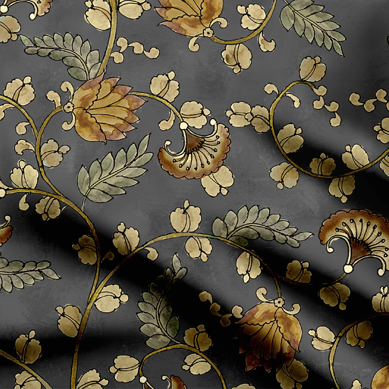 Grey Chintz Kalamkari Print Fabric