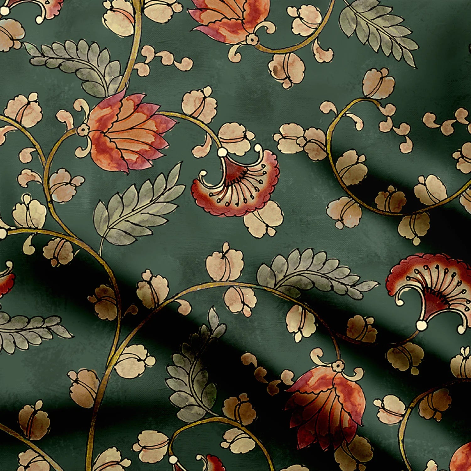 Green Chintz KalamkariPrint Fabric