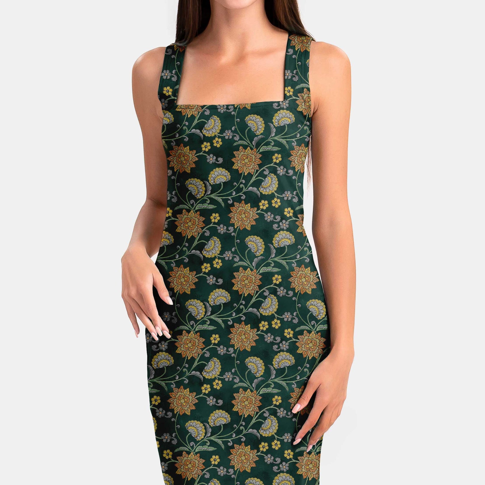 रॉयल ग्रीन कलमकारी प्रिंट फैब्रिक