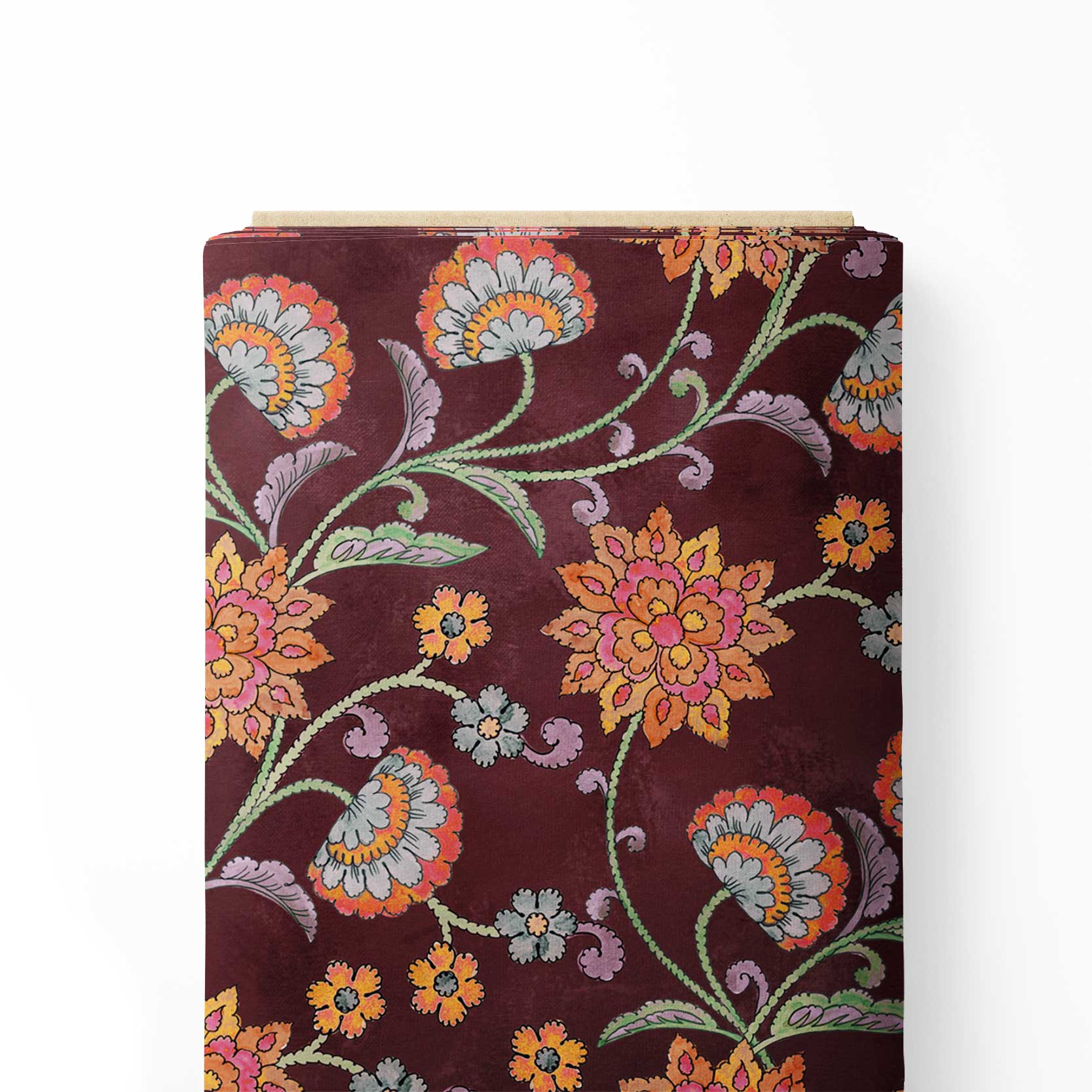 रॉयल ऑरेंज कलमकारी प्रिंट फैब्रिक