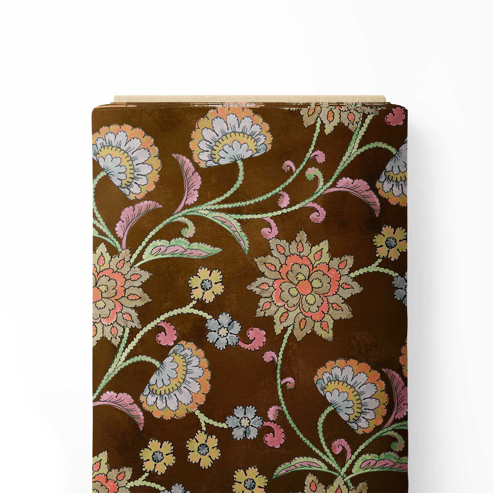 रॉयल ब्राउन कलमकारी प्रिंट फ़ैब्रिक