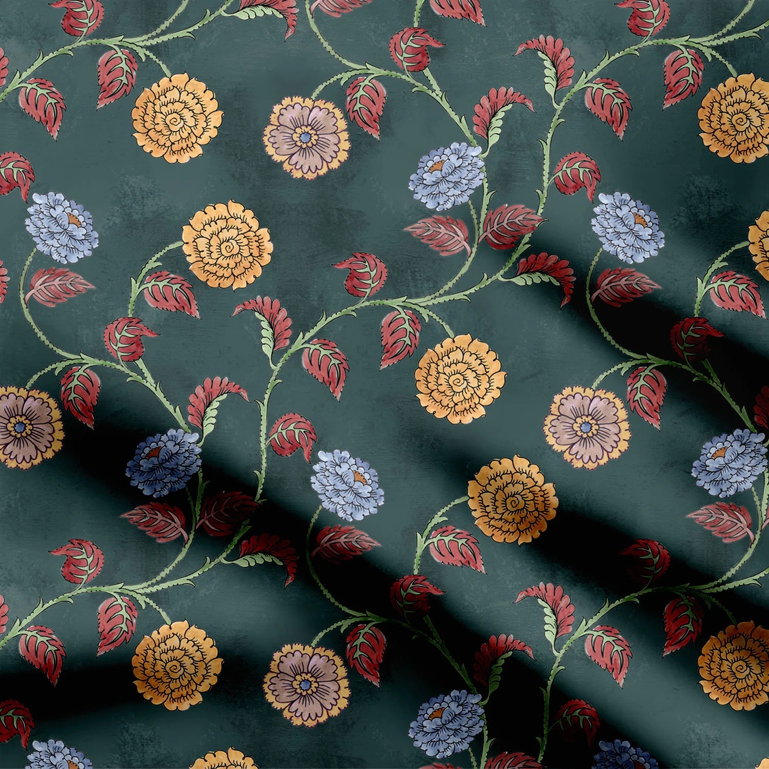 रॉयल डार्क कलमकारी प्रिंट फैब्रिक