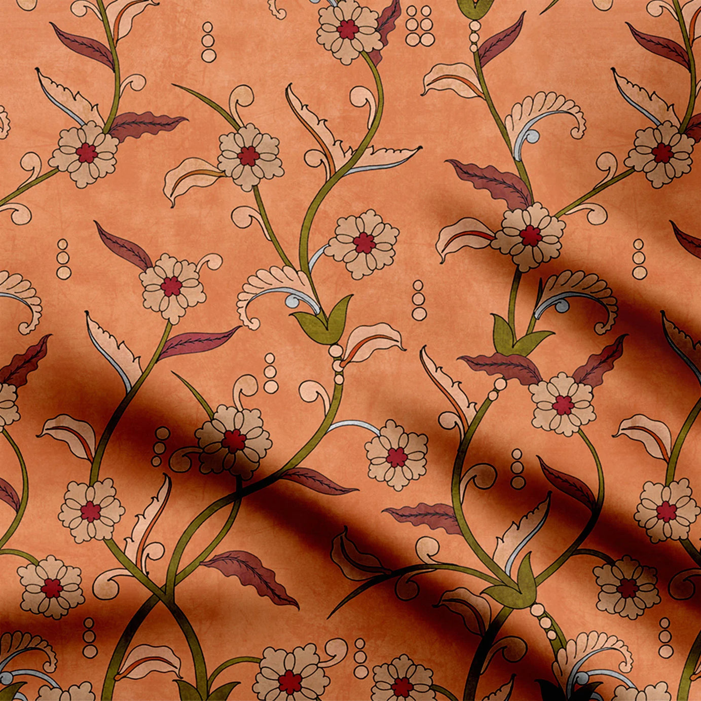 Tranquil Orange Kalamkari Print Fabric