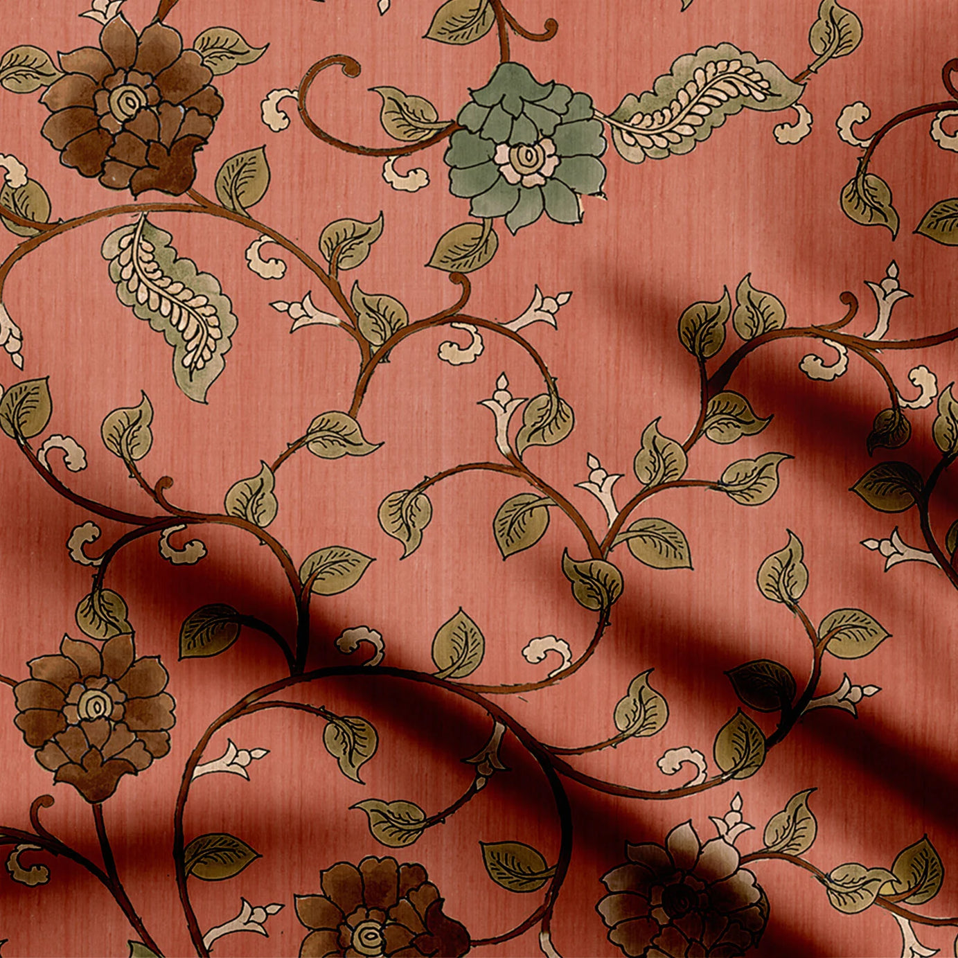 Poetry Lullaby Orange Kalamkari Print Fabric