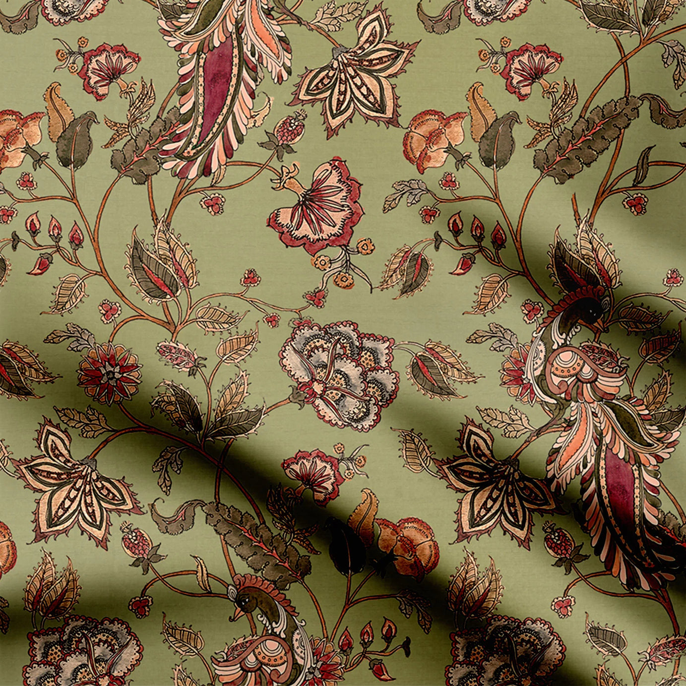 Peacock Serenity Green Kalamkari Print Fabric