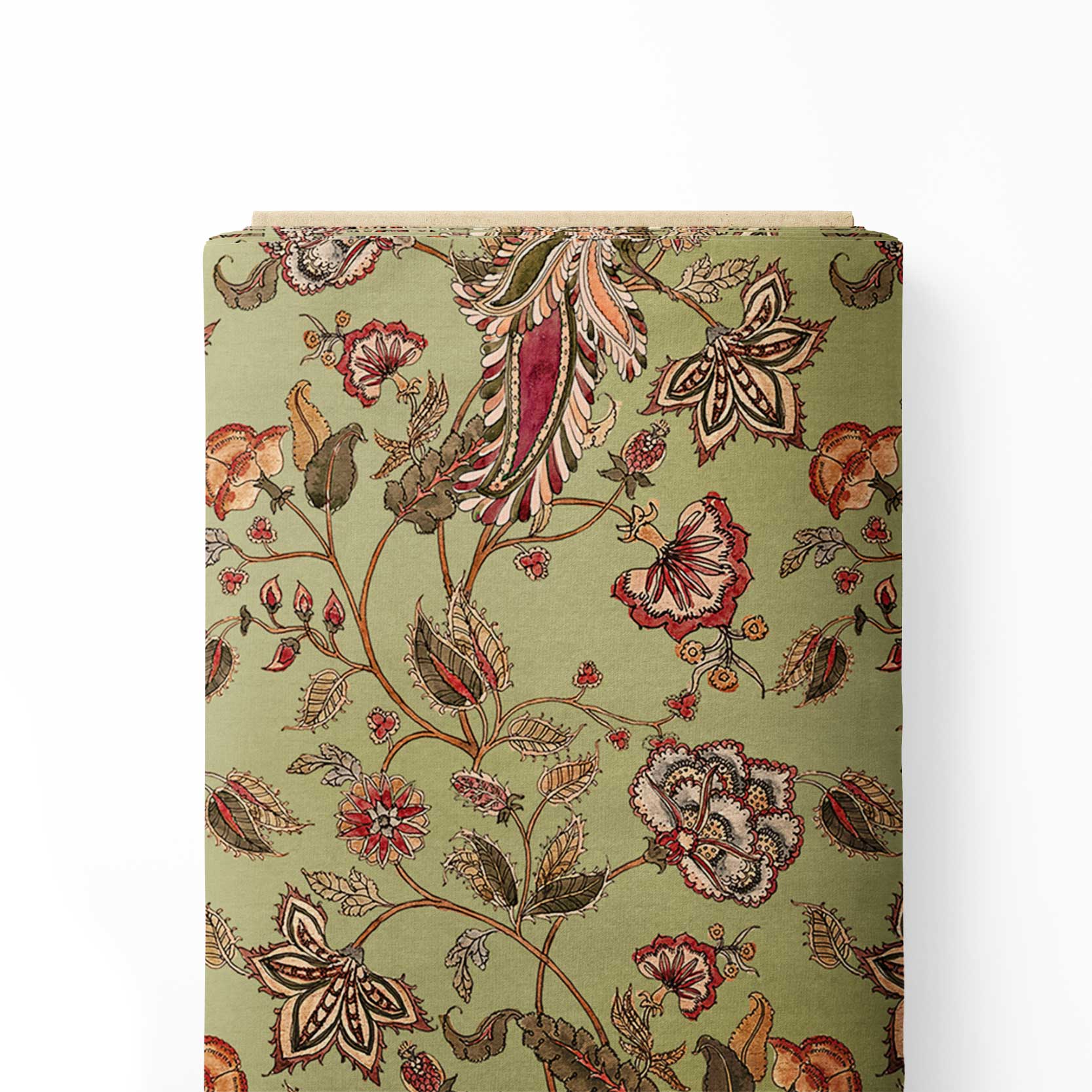 Peacock Serenity Green Kalamkari Print Fabric