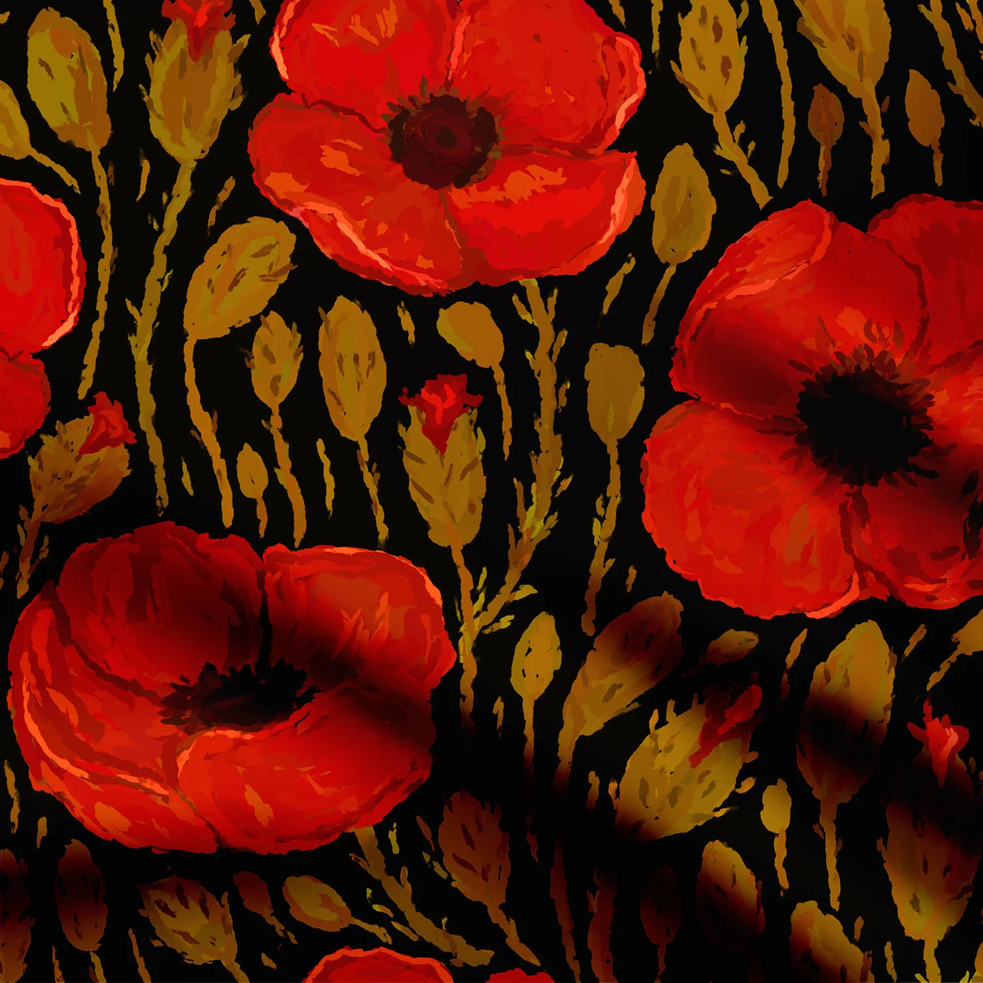 Red Poppies - Dark Print Fabric