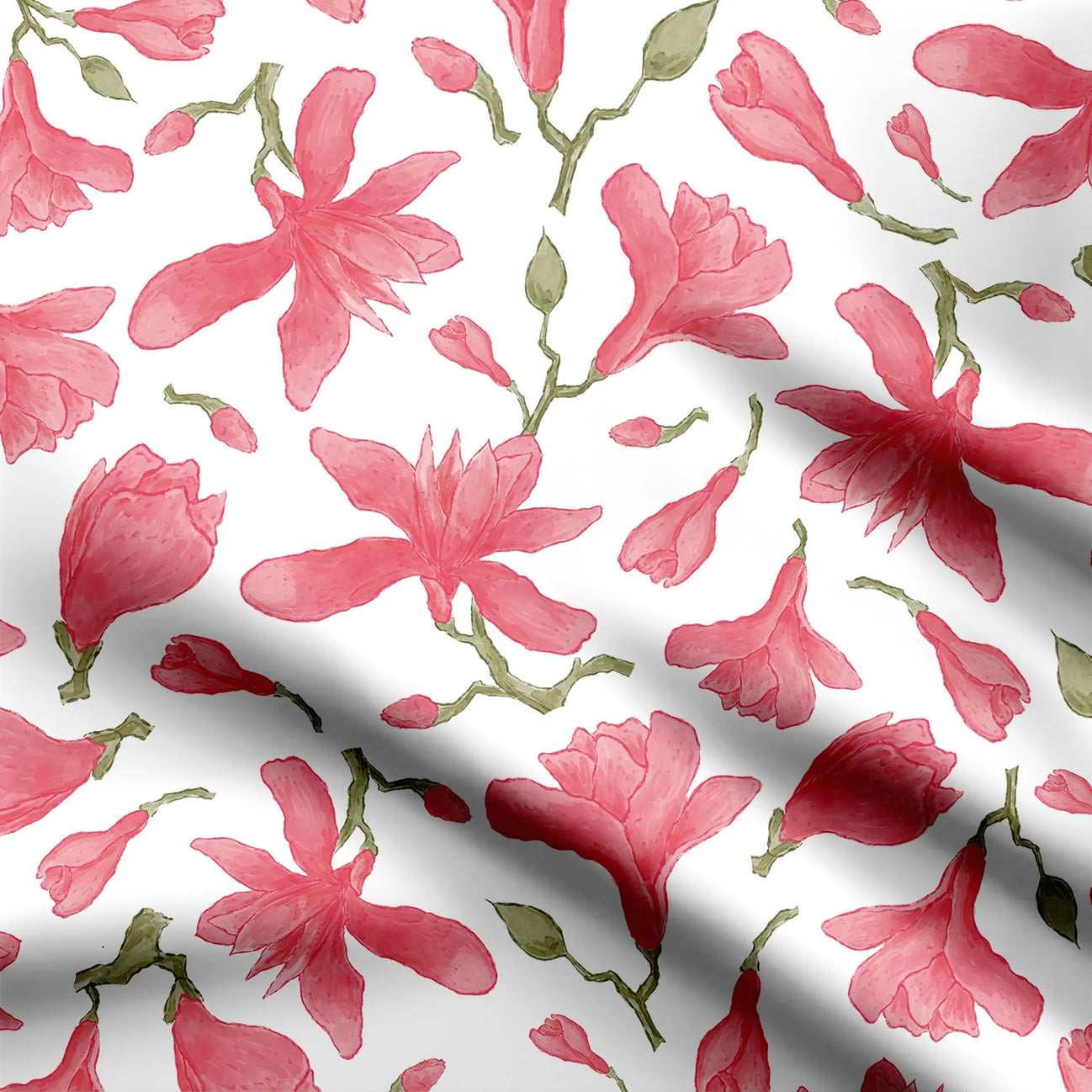 Pink Magnolia Blossoms Print Fabric